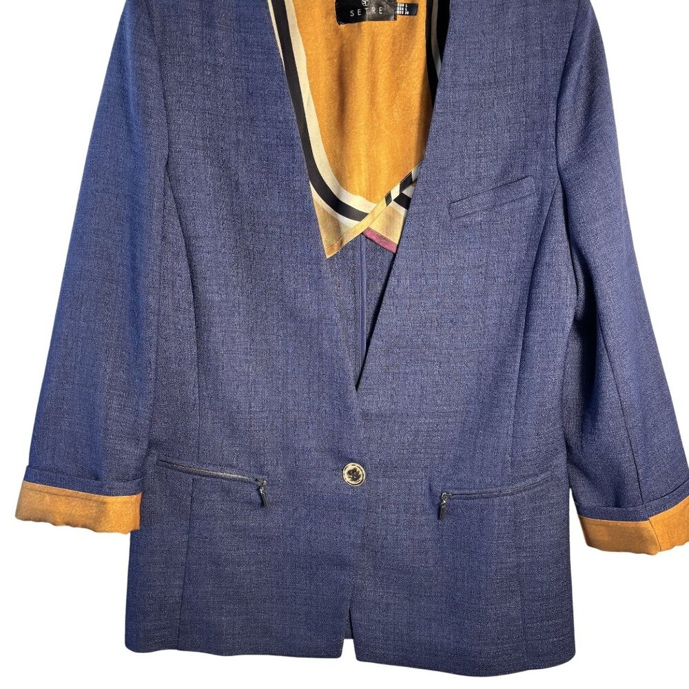 Womens Setre Blue Blazer Jacket With Yellow Satin Lining Zip Pockets & Button Cl